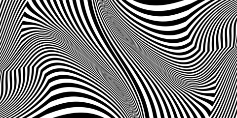Abstract black and white striped background. Geometric pattern with visual distortion effect. Optical illusion. Op art.