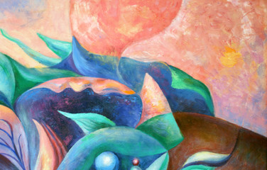 Abstract composition with balls, picturesque pink background, art. The picture is painted in oil paints.