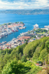 Amazing views of Bergen city from the top of Mount Fløyen in Norway.