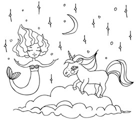 Hand drawn vector illustration of mermaid and pony. Isolated on white background. Cartoon design.Template for coloring page.