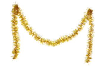 Christmas tinsel hanging on white background
