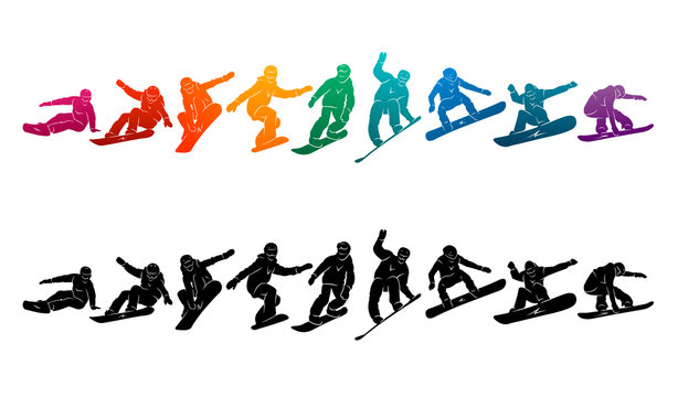 Snowboard, Snowboarders, Snowboarding Extreme Winter Sport People Silhouettes Vector Illustration, Riding A Board, Tricks