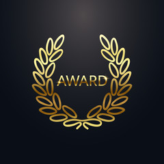 Award laurel with text. Gold laurel wreath on dark background. Rewarding the best. Luxury emblem for winner. Symbol of victory, triumph and success. Vector illustration