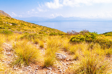 Scenic landscape view from the overgrown rocky mountains of Cilento and Vallo di Diano National Park in Campania region in Italy on Tyrrhenian sea and Southern Italian coast