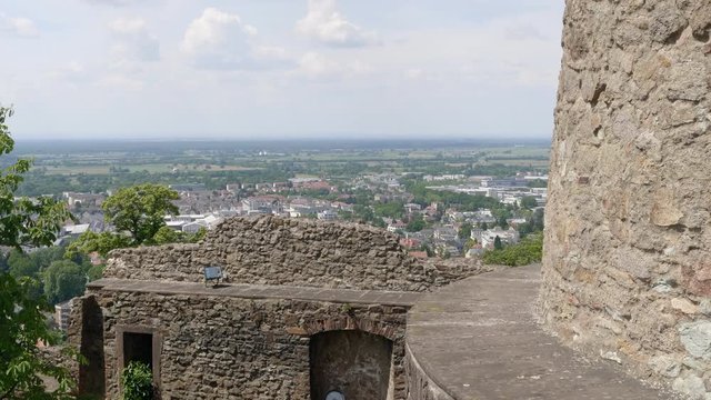 Detail of Windeck Castle ruin on top of mountain near Weinheim, Germany. Sunny day, handheld.