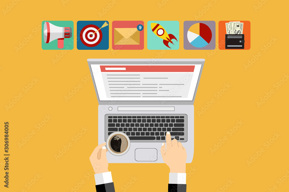 Poster live chat. technology concept. men's hand typing on keyboard laptop with mobile smartphone, live cha