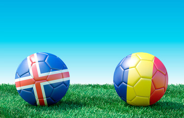 Fototapeta premium Two soccer balls in flags colors on green grass. Iceland and Romania. 3D image