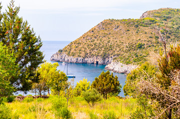 Scenic landscape view from the overgrown rocky mountains of Cilento and Vallo di Diano National...
