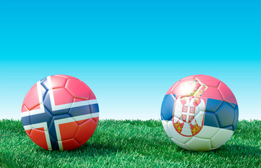 Two soccer balls in flags colors on green grass. Norway and Serbia. 3d image