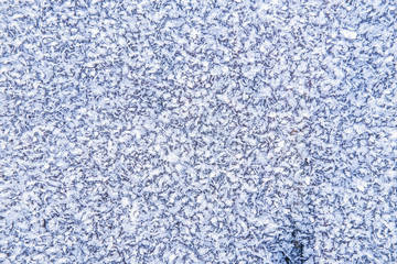 Frost on a wooden surface on a frosty winter day. Ice pattern.