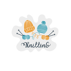 Vector illustration on the theme of knitting. Colored composition with knitted hats, balls of yarn, knitting needles on a white background