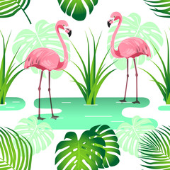 Pink Flamingo surrounded by palm leaves, monsters and sedge. Seamless background for decoration, packaging, paper, fabric. ть