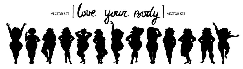 Vector isolated set of women's silhouettes in different poses on white background. Body positive models. Collection on the theme of fashion and beauty 