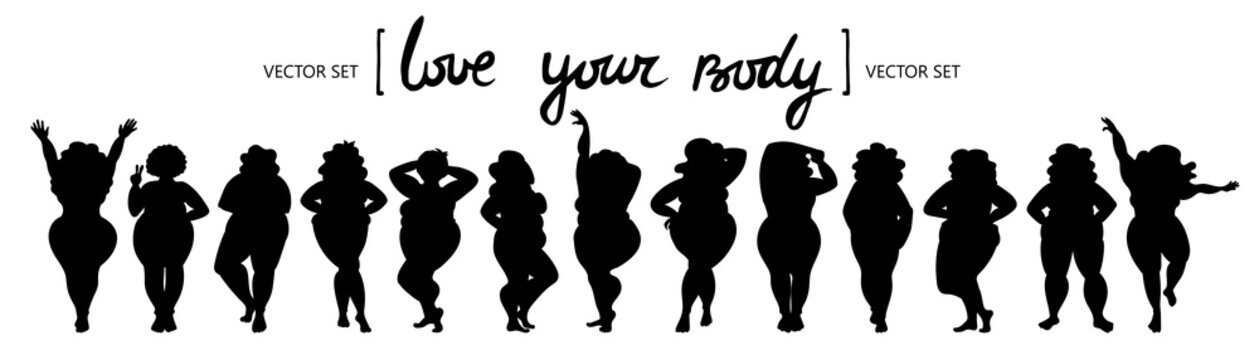 Vector isolated set of women's silhouettes in different poses on white background. Body positive models. Collection on the theme of fashion and beauty 