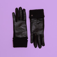 Stylish accessory leather gloves. Minimal flat lay art