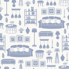 Vector seamless pattern with isolated silhouettes of living room furniture and houseplants on beige background. Pattern on the theme of home interior design © Ladychelyabinsk