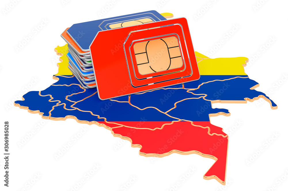 Poster sim cards on the columbian map. mobile communications, roaming in columbia, concept. 3d rendering