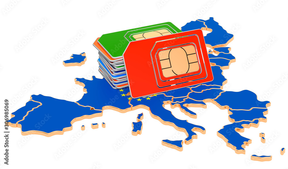 Poster sim cards on the european union map. mobile communications, roaming in the eu, concept. 3d rendering