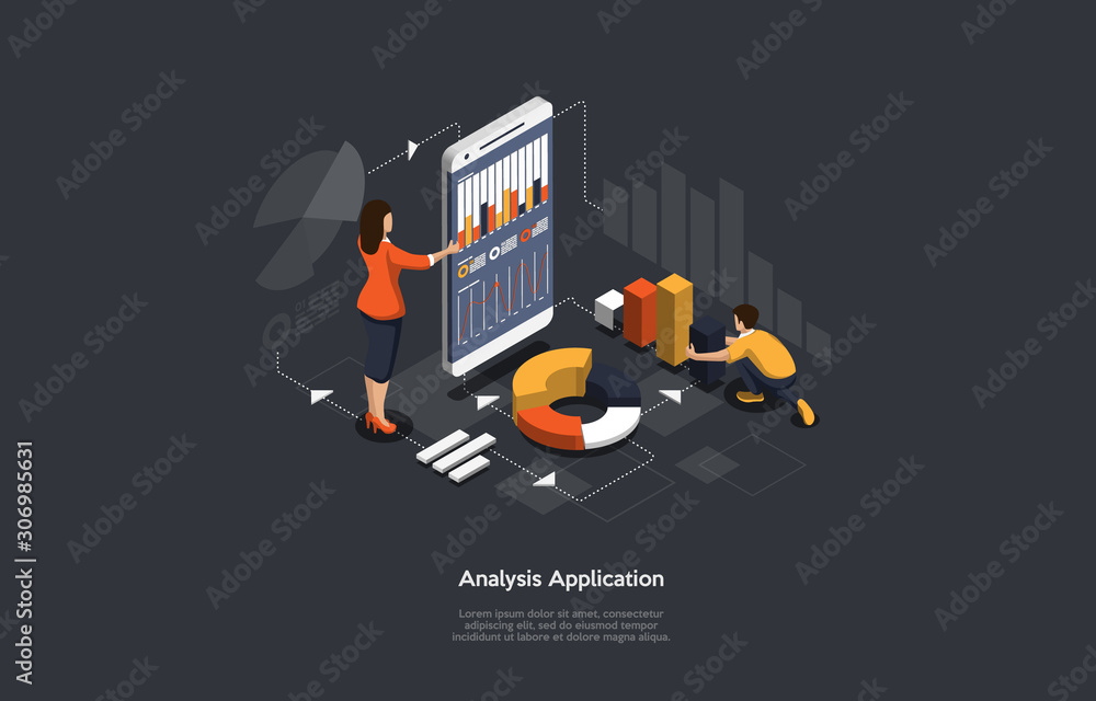 Poster isometric application of smartphone with business graph and analytics data. analysis ui/ux trends an