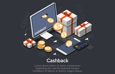 Isometric cashback and saving money concept. Money refund. Digital payment or online cashback service. Electronic invoice.