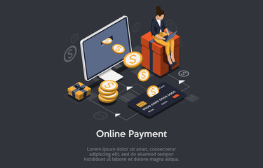 Isometric online payment concept. Internet payments, online banking. Vector illustration