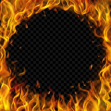 Translucent round frame made of fire flames and sparks on transparent background. For used on dark illustrations. Transparency only in vector format