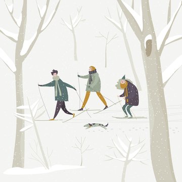 People skiing in the winter snowing forest