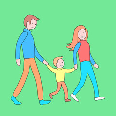 Young happy family with a little son are walking along the street. Dressed in autumn clothes. Parents lead the child under the arms. Vector illustration.