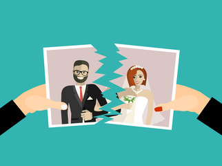 Fototapeta na wymiar Break up. Crisis relationship divorce. Man and woman tear a group photo as symbol conflict, unhappy love. Vector illustration flat design. Parting couple.