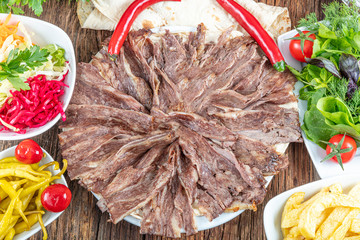 Turkish Doner Kebab on plate.  Protein nutrition, clean eating, diet concept. Turkish style doner...