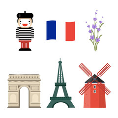 Set of famouse elements and landscapes of France. Vector illustration