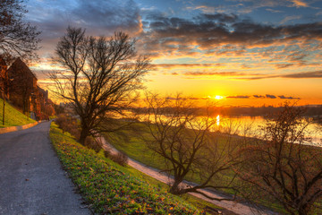 Granaries of Grudziadz at Vistula river at sunset. Poland.