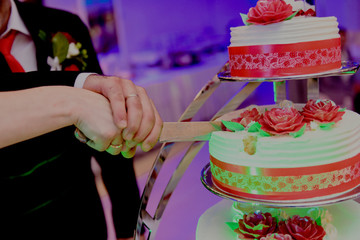 Delicious Wedding Cake at the party. Smoke and fire effects.