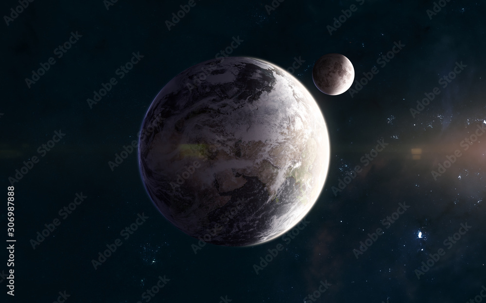 Wall mural planet earth and moon in warm light of sun. solar system. science fiction. elements of this image fu