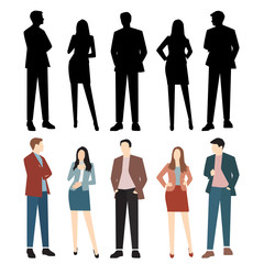 Set of silhouettes of men and women in business clothes of different colors, cartoon character, group of standing people, flat icon design concept isolated on white background