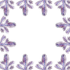 Template on a new year's theme in the form of a frame of lilac-blue spruce branches on a white background