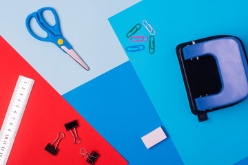 Variety of business office supplies. View from above.