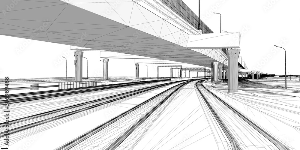 Poster the bim model of the railway infrastructure of wireframe view