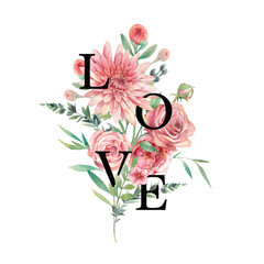 Love card with flowers bouquet. Watercolor botanical illustration with eucalyptus leaves, chrysanthemum flowers, roses, fern branches isolated on white background. Floral artwork