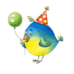 Birthday postcard with bird and air balloon. Christmas and new year. Watercolor cartoon hero for party. Cute character. Hand drawn illustration.  Greeting card