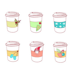 Vector colorful set of coffee cups with Christmas elements for cards, invitations,  menu decoration 
