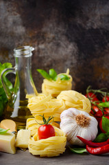 Pasta, vegetables, herbs and spices for Italian food.