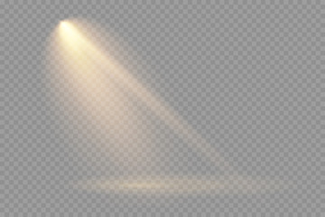 Spotlight isolated on transparent background. Vector glowing light effect with gold rays and beams