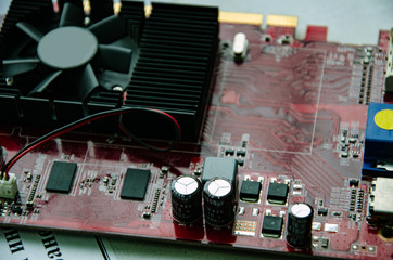 closeup graphics cards interface, video card, VGA card, video display board , computer chip,