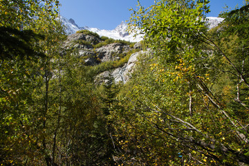 Dombay mountains, trekking in national park to the Alibek waterfall and glacier, autumn landscape