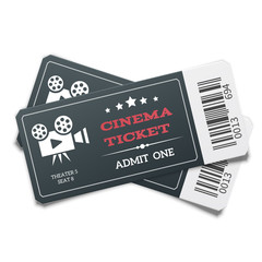 Realistic pair of modern black movie tickets isolated on white background.
