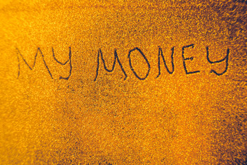 Text My Money on golden rich shiny background.