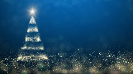 golden lights with christmas tree on blue background,bright decoration for merry xmas greeting message.Elegant holiday season christmas card.Copy type space for text or logo