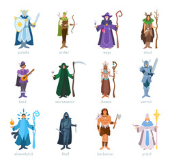 RPG characters classes. Roleplaying game. Armed heroes in costumes. Vector illustration isolated on white background. - obrazy, fototapety, plakaty