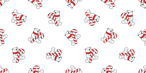 bear seamless pattern Christmas polar vector candy cane Santa Claus hat scarf isolated repeat wallpaper teddy cartoon tile background illustration doodle white design